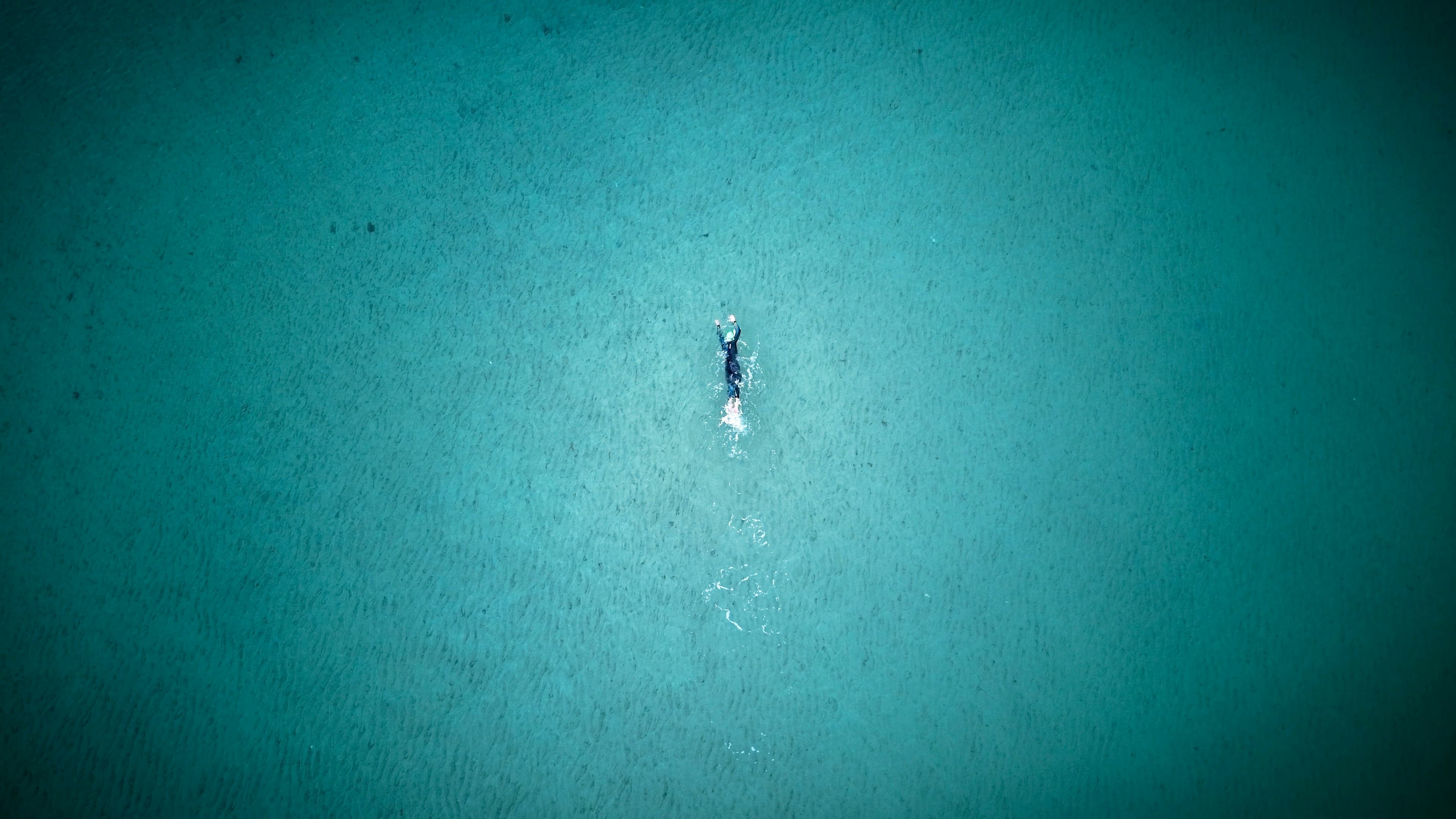 Open-water swimmer seen from above in calm water